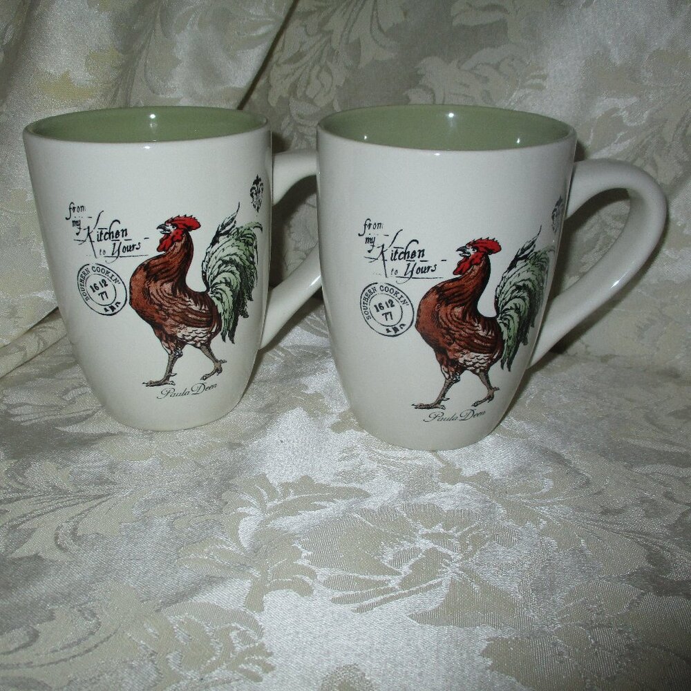 2 Paula Deen "Time to Eat Y'all" Rooster Coffee Mug Cup Cocoa Tea 14 0z